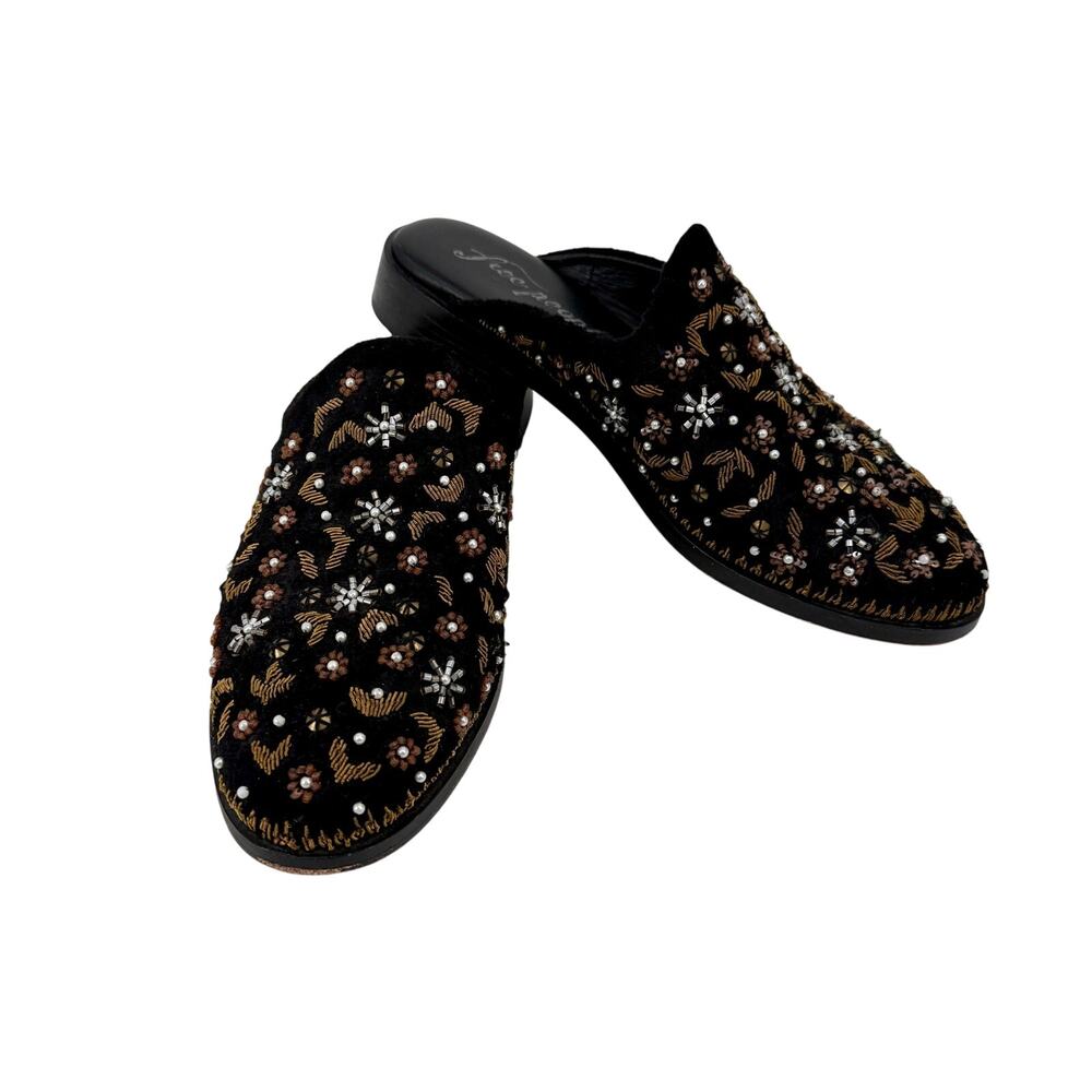 Free People Cosmic Beaded Velvet Slip On Loafer Mule Shoes Black Size 39/8.5